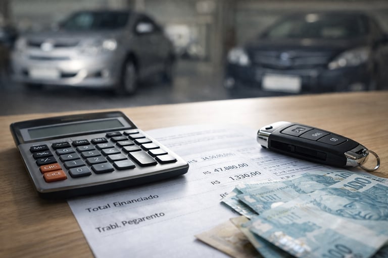 Contrato de financiamento de carro com calculadora, chave e notas de real sobre mesa, veículos desfo