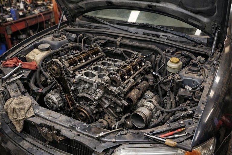 Motor parcialmente desmontado no cofre do carro, com capô aberto, em oficina mecânica comum