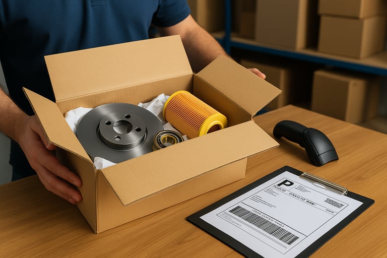 Caixa aberta com peças automotivas sendo preparada para envio