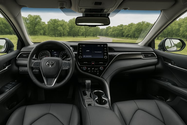 Interior do Toyota Camry 2025 com painel moderno e acabamento premium.