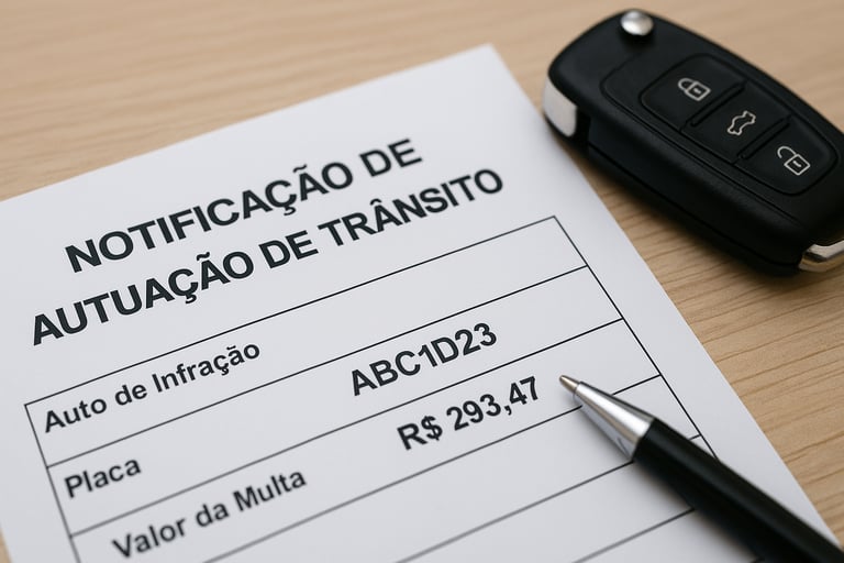 Notificação de autuação de trânsito em português sobre a mesa com chave de carro e caneta ao lado.