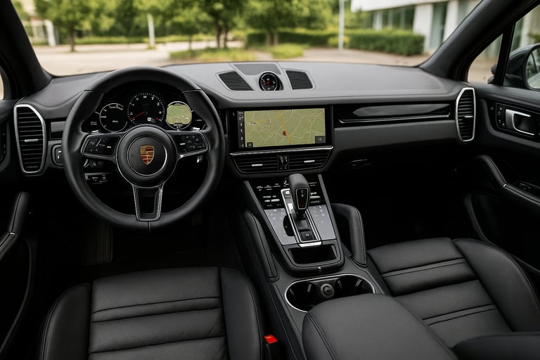 Interior luxuoso da Porsche Cayenne com painel moderno, volante esportivo e bancos em couro.
