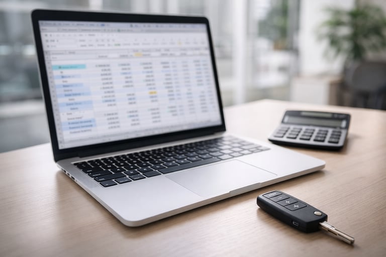 Notebook com planilha financeira aberta, calculadora ao lado e chave de pickup sobre mesa de escritó