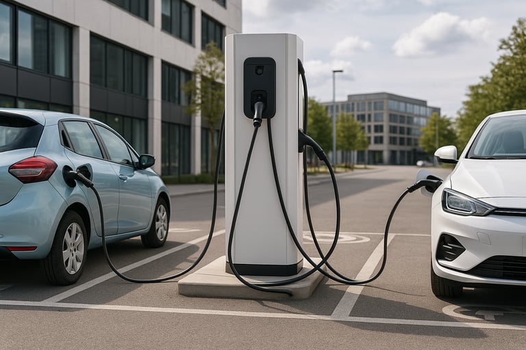 Carros elétricos usados carregando em estação pública, plano aberto, sem cortes