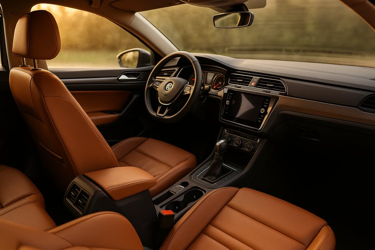 Interior de carro moderno com bancos de couro bege e painel limpo iluminado pela luz do pôr do sol