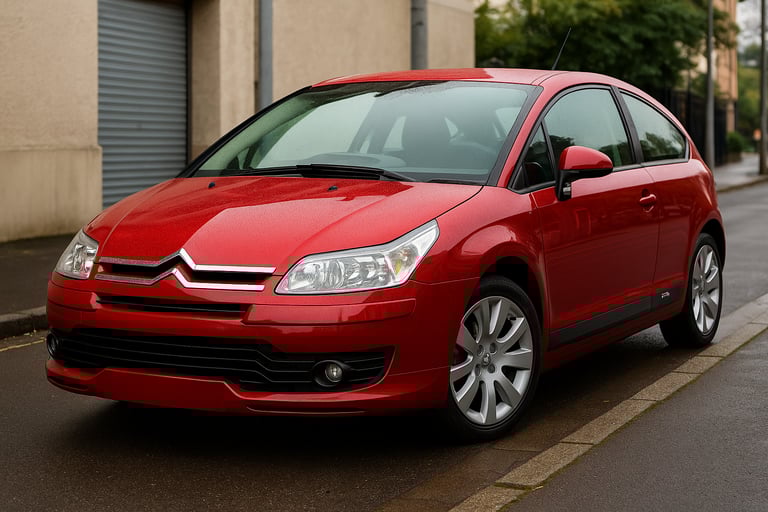 Citroën C4 VTR vermelho esportivo usado, estacionado em rua molhada, com destaque para o design mode