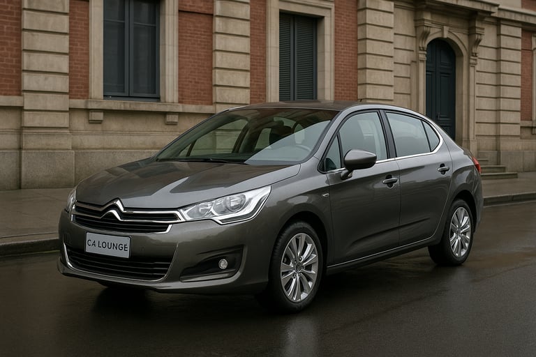 Citroën C4 Lounge prata usado, estacionado em rua urbana molhada, com destaque para o design elegant