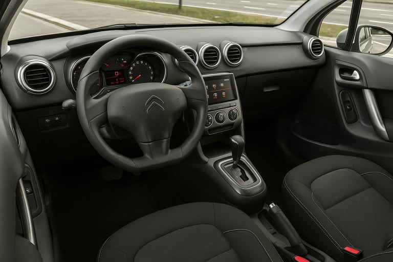 Interior do Citroën C3 2018, mostrando volante, painel, central multimídia e acabamento em preto