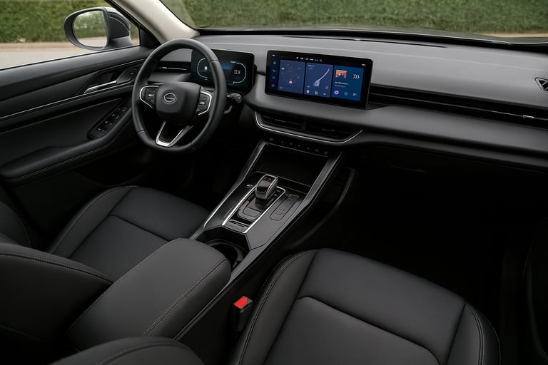 Interior do GWM Haval H6 Premium com bancos de couro preto, painel digital e central multimídia wide