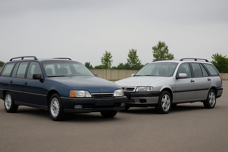 Chevrolet Omega Suprema azul e Fiat Tempra SW prateado lado a lado em pátio aberto, comparando estil