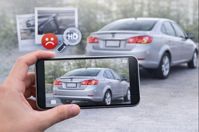 Pessoa fotografando a traseira de um carro usado com celular para anúncio de venda.