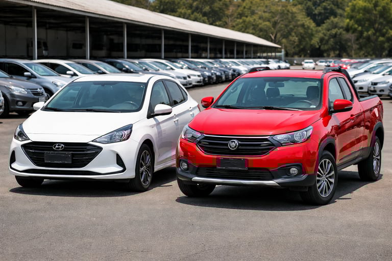 Hatch popular branco e pickup compacta vermelha lado a lado em pátio de concessionária com vários ca
