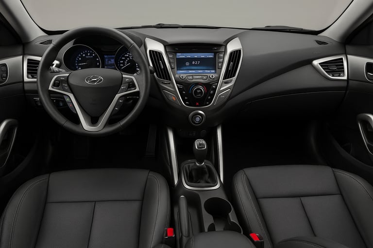 Interior do Hyundai Veloster, painel central e volante em destaque com acabamento esportivo