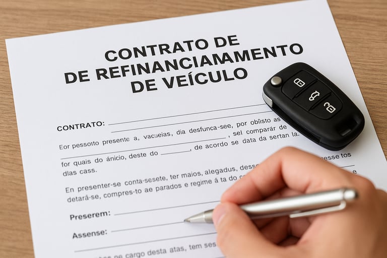 Contrato de refinanciamento de veículo em português sobre mesa com chave de carro e caneta