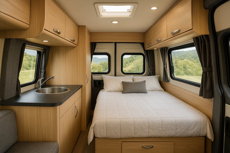 Interior de carro camper usado com cama montada, armários de madeira e janelas laterais
