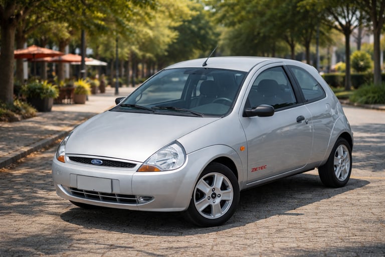 Ford Ka Zetec prata estacionado em rua arborizada com calçamento de pedra e ambiente urbano ao fundo