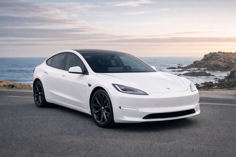 Tesla Model 3 branco em estrada com vista para o mar