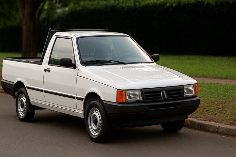 Fiat Fiorino picape dos anos 90, branca, estacionada em rua arborizada, vista frontal lateral.