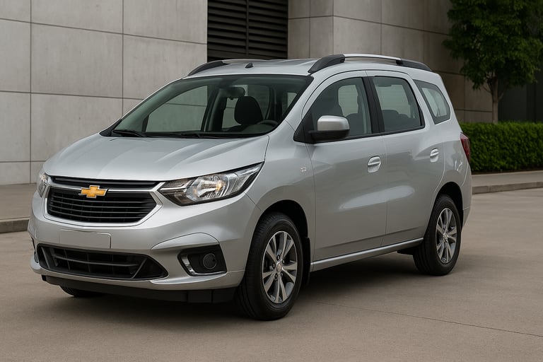 Chevrolet Spin prata vista de lado em ambiente externo, estacionada próxima a prédio moderno.