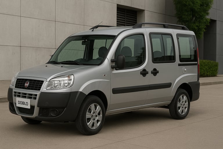 Fiat Doblò prata visto de lado em ambiente externo, estacionado próximo a prédio moderno.