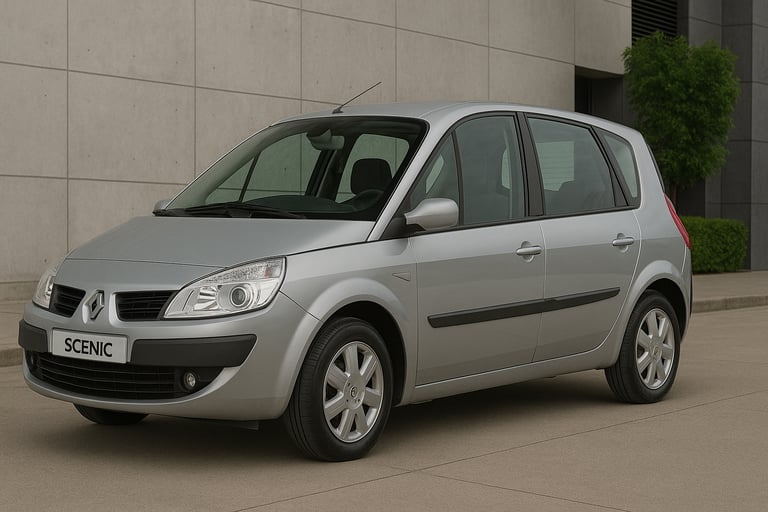 Renault Scénic prata visto de lado em ambiente externo, estacionado próximo a prédio moderno.