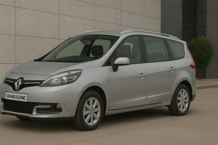 Renault Grand Scénic prata visto de lado em ambiente externo, estacionado próximo a prédio moderno.