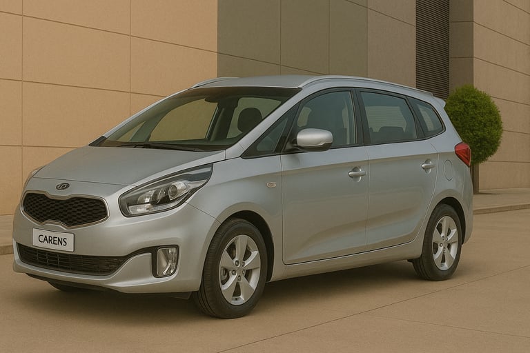 Kia Carens prata visto de lado em ambiente externo, estacionado diante de prédio moderno em tons beg