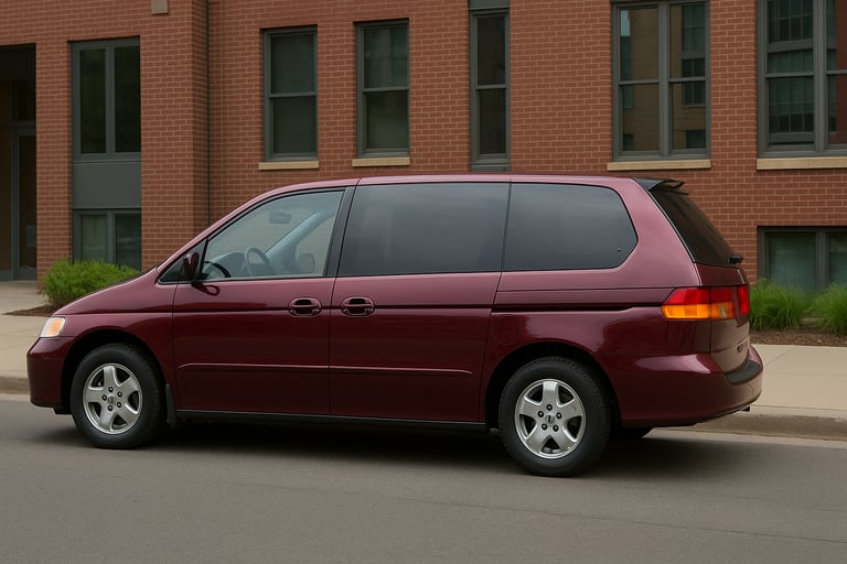 Honda Odyssey vinho dos anos 2000 vista de lado, estacionada em rua com prédio de tijolos ao fundo.
