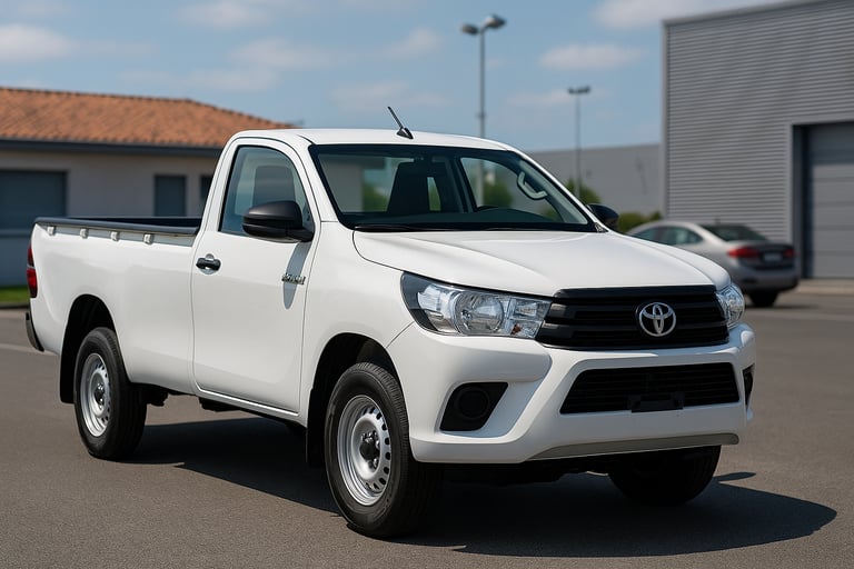 Toyota Hilux cabine simples branca estacionada em pátio, vista de frente e lateral direita