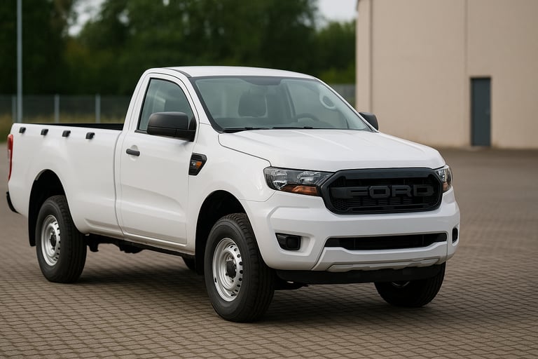 Ford Ranger cabine simples branca estacionada em pátio, vista de frente e lateral direita