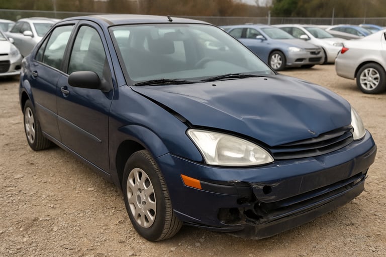 Carro usado azul com capô amassado e parachoque danificado em pátio de veículos