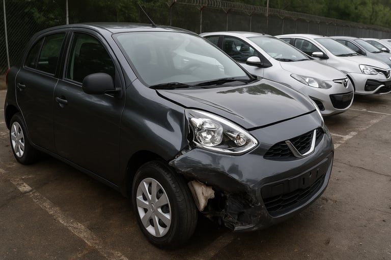 Carro popular usado no Brasil com frente danificada estacionado em pátio de veículos
