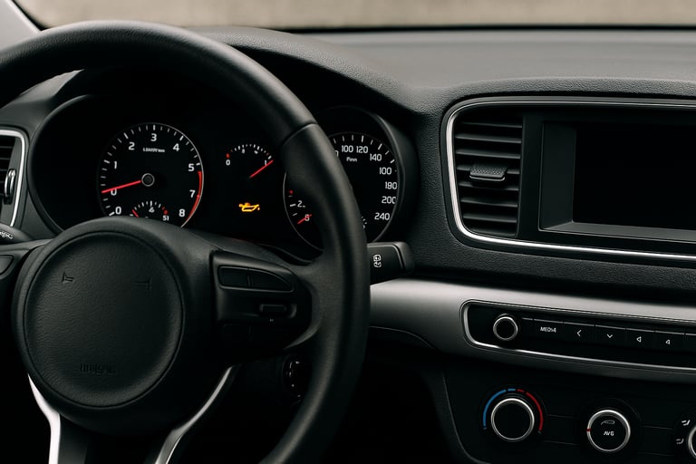 Painel de carro usado com luz de alerta do óleo acesa indicando possível vício oculto
