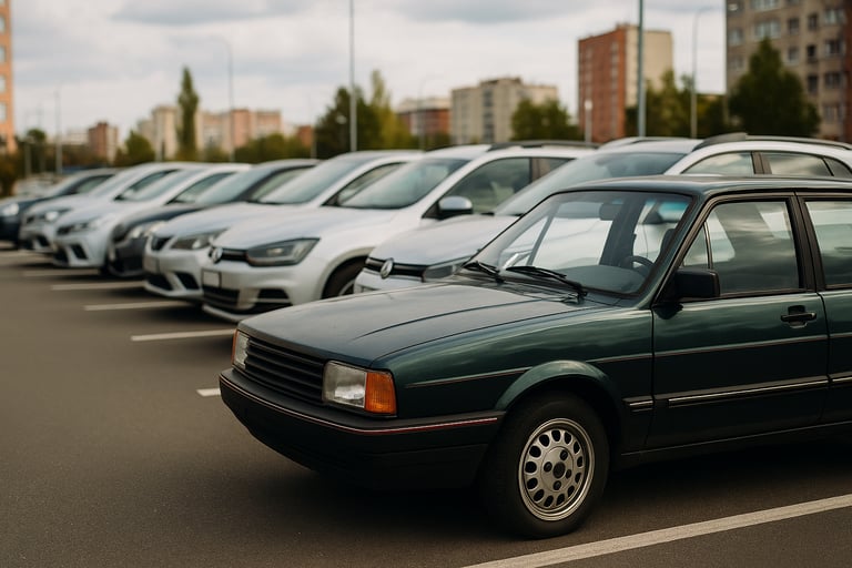 Carro antigo estacionado ao lado de modelos modernos em pátio urbano, representando frota de idades 