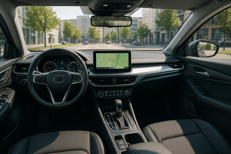 Interior moderno de carro 2025 com painel digital, central multimídia e volante multifuncional.