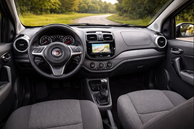 Interior do Fiat Palio com painel simples, volante Fiat, instrumentos analógicos e console central 