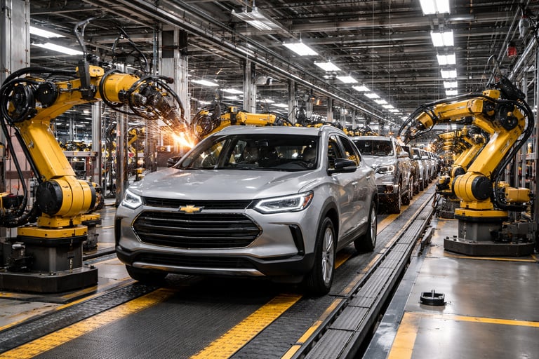 Linha de produção da General Motors no Brasil com SUV Chevrolet sendo montado por robôs