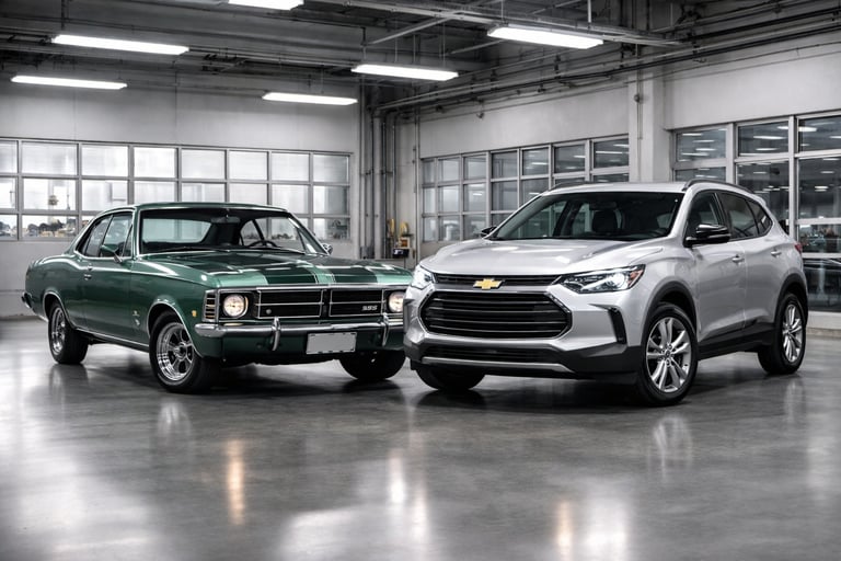 Evolução da General Motors com Chevrolet clássico e SUV moderno lado a lado