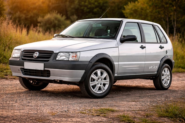 Carros até 30 mil: Fiat Uno prata em estrada rural, opção robusta e econômica no mercado de usados