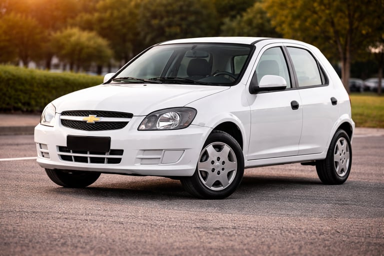 Carros até 30 mil: Chevrolet Celta branco em estacionamento urbano, opção econômica e popular