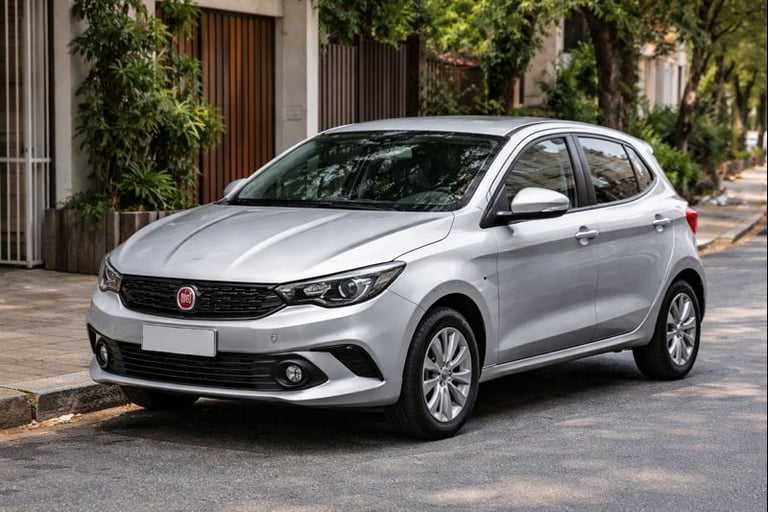 Fiat Argo estacionado em rua residencial, representando carro alugado de particular.