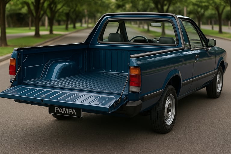Ford Pampa azul vista por trás, com caçamba aberta e carroceria em destaque na rua arborizada.