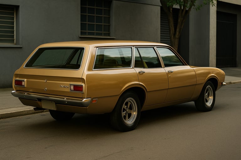 Ford Maverick Station Wagon dourada dos anos 1970 vista em ângulo traseiro