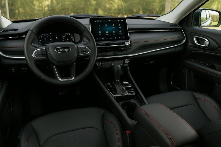 Interior do Jeep Compass moderno com painel digital, central multimídia flutuante