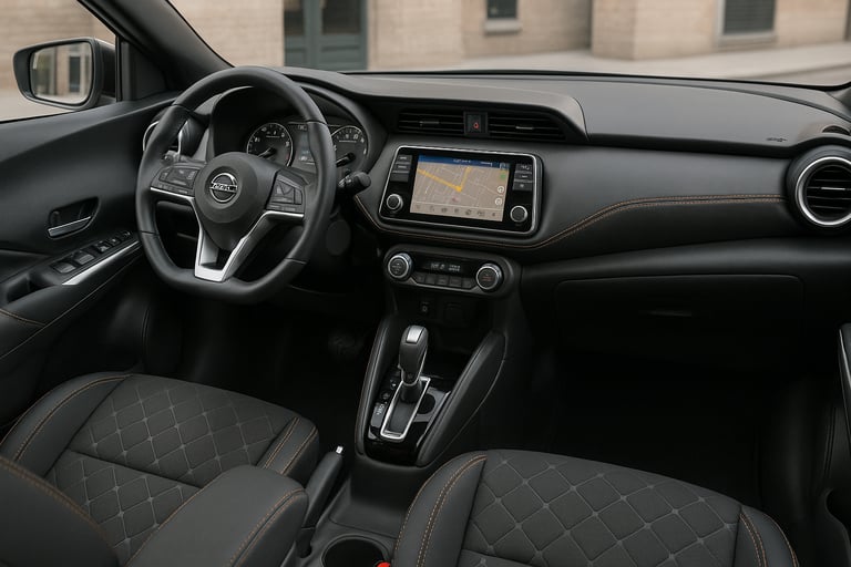 Interior do Nissan Kicks com painel moderno, central multimídia acesa e bancos em couro preto com co