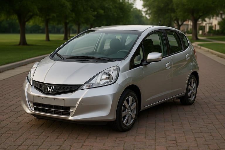 Honda Fit 2014 prateado estacionado em rua de tijolos com árvores e casas ao fundo sob luz suave do