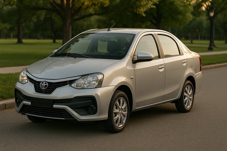 Toyota Etios 2015 prateado estacionado em avenida arborizada, com grama e árvores ao fundo sob luz n