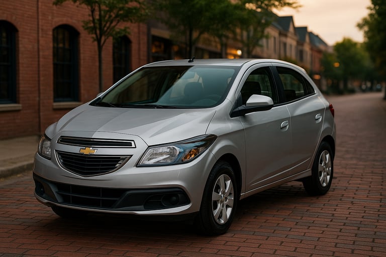 Chevrolet Onix 2014 prateado estacionado em rua de paralelepípedo com prédios e árvores ao fundo ao