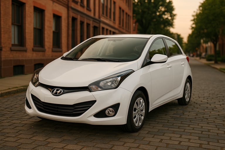 Hyundai HB20 2015 branco estacionado em rua asfaltada com árvores e prédios modernos ao fundo sob lu