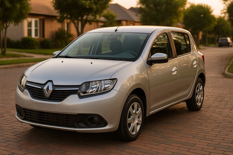 Renault Sandero 2015 vermelho estacionado em estacionamento aberto com montanhas e céu azul ao fundo